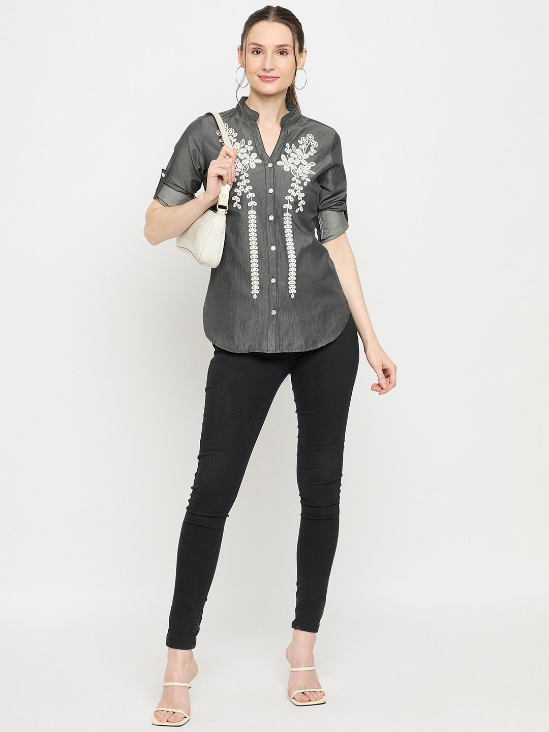 Ruhaans Classic Floral Embroidered Denim Casual Shirt