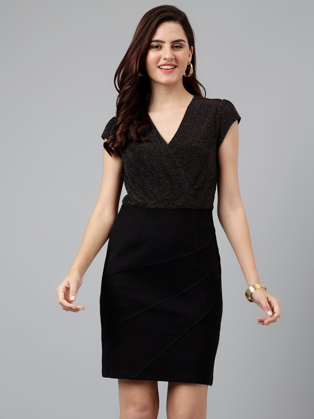 Latin Quarters V-Neck Cap Sleeves Gathered Nylon Sheath Dress