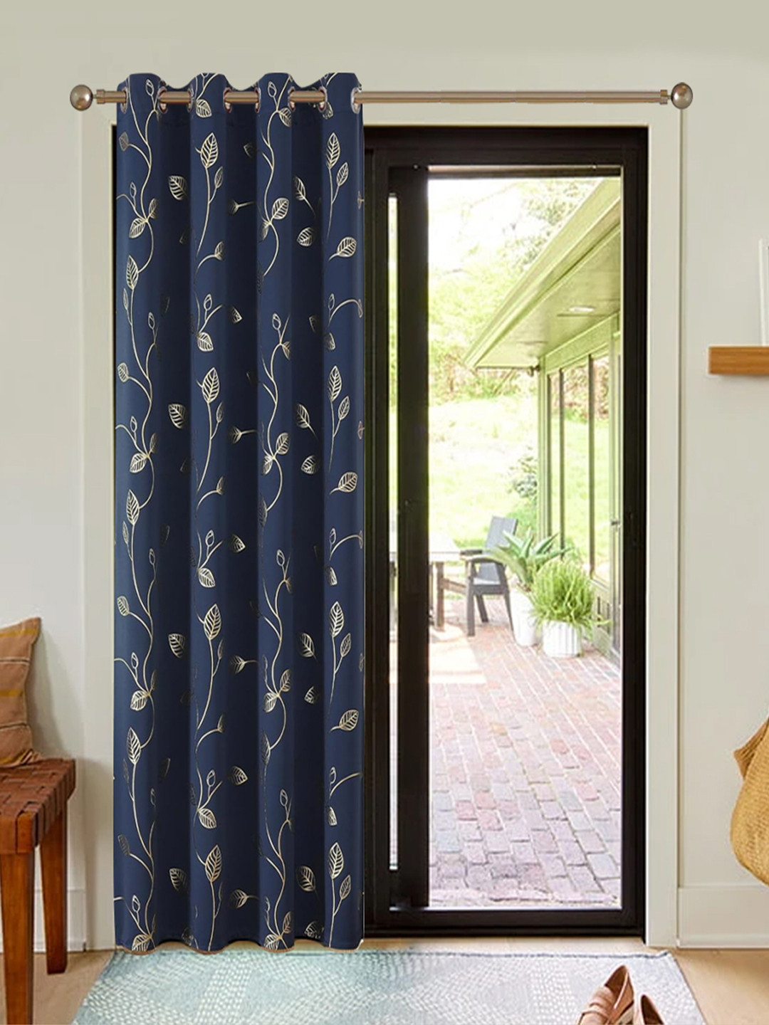 URBAN SPACE Navy Blue & Beige Floral Printed Black Out Window  Curtain