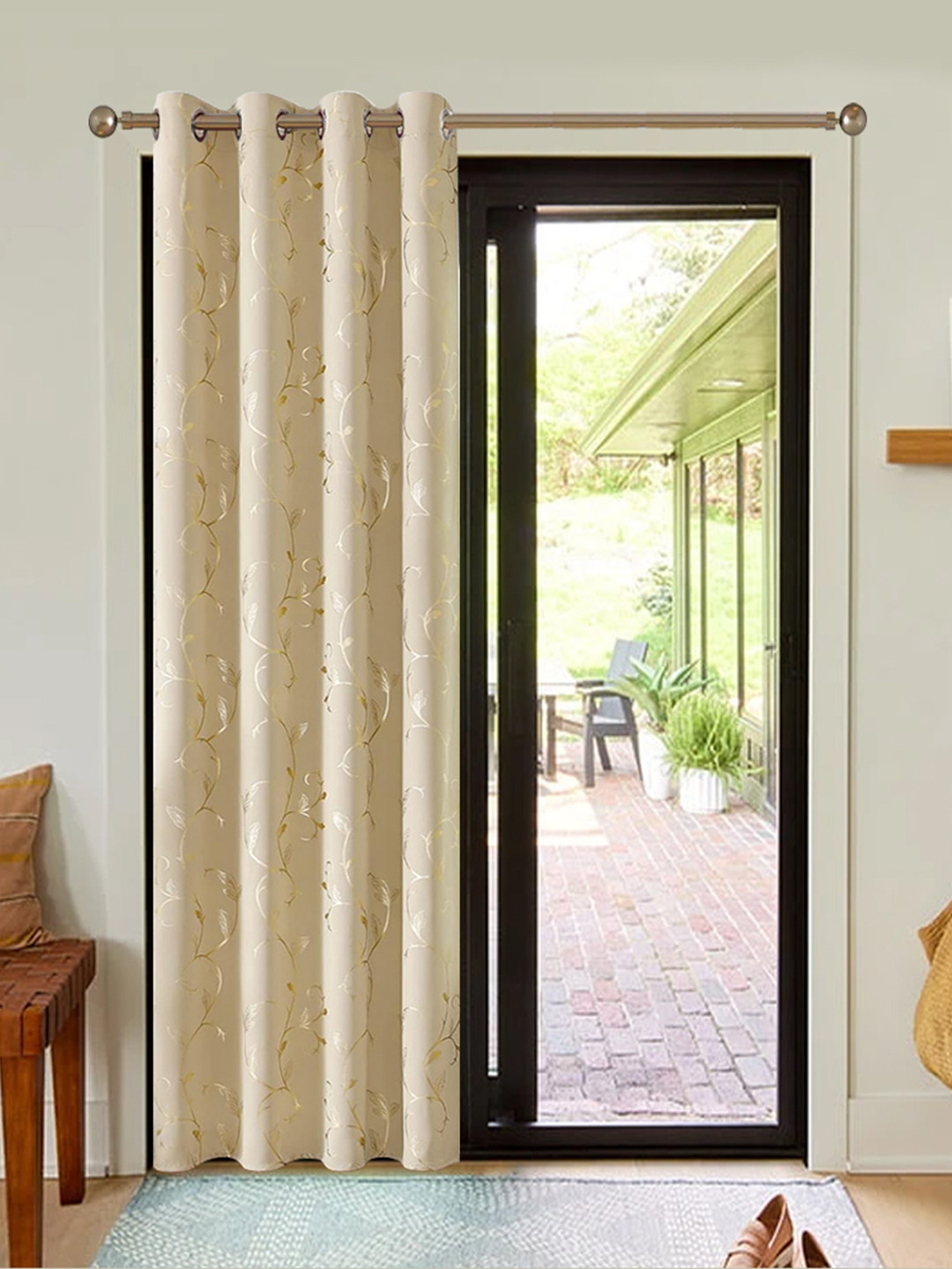 URBAN SPACE Beige & Yellow Floral Printed Black Out Door Curtain