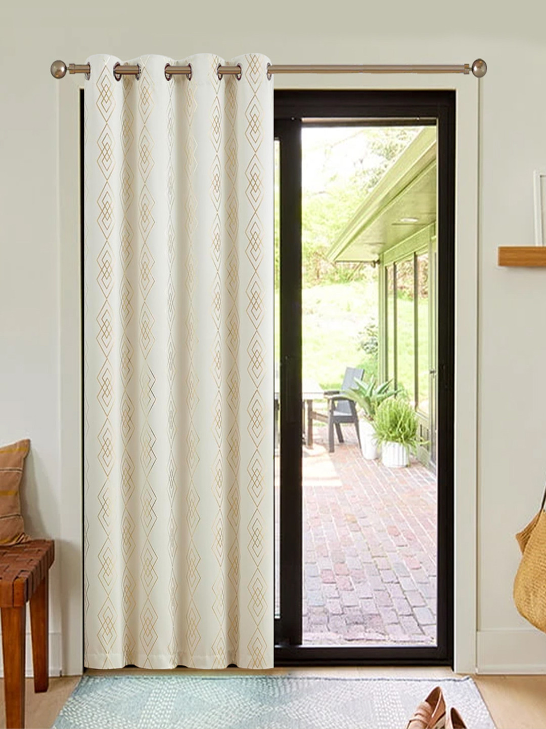URBAN SPACE Beige & Yellow Geometric Printed Black Out Door Curtain