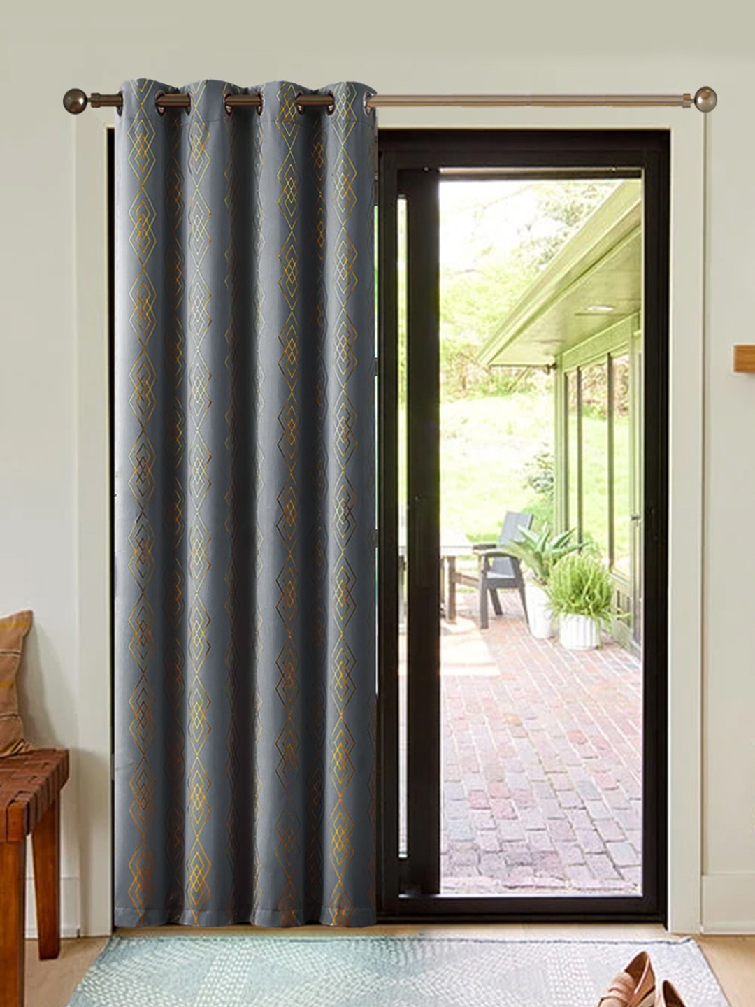 URBAN SPACE Grey & Gold-Toned Geometric Printed Black Out Long Door Curtain