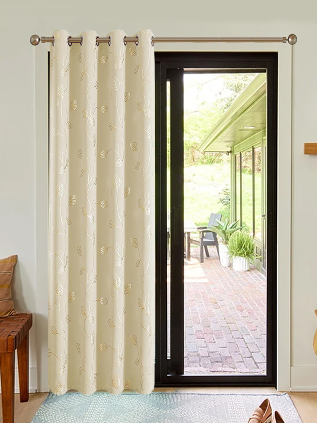 URBAN SPACE Beige & Gold Toned Floral Printed Black Out Long Door Curtain