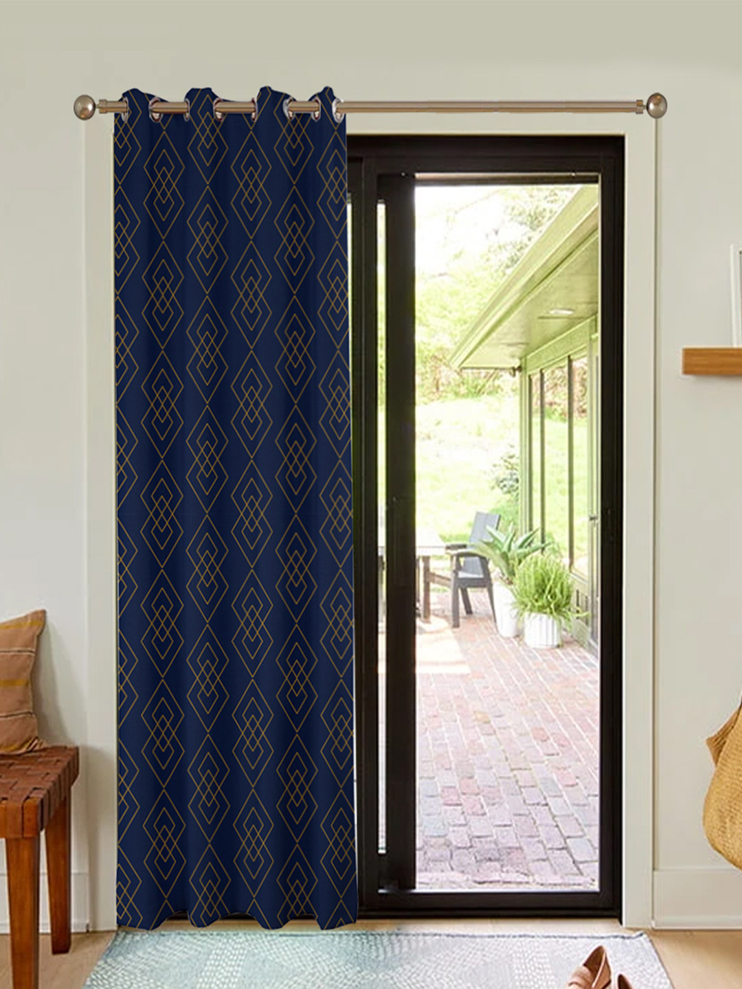 URBAN SPACE Navy Blue & Gold-Toned Geometric Printed Black Out Long Door Curtain