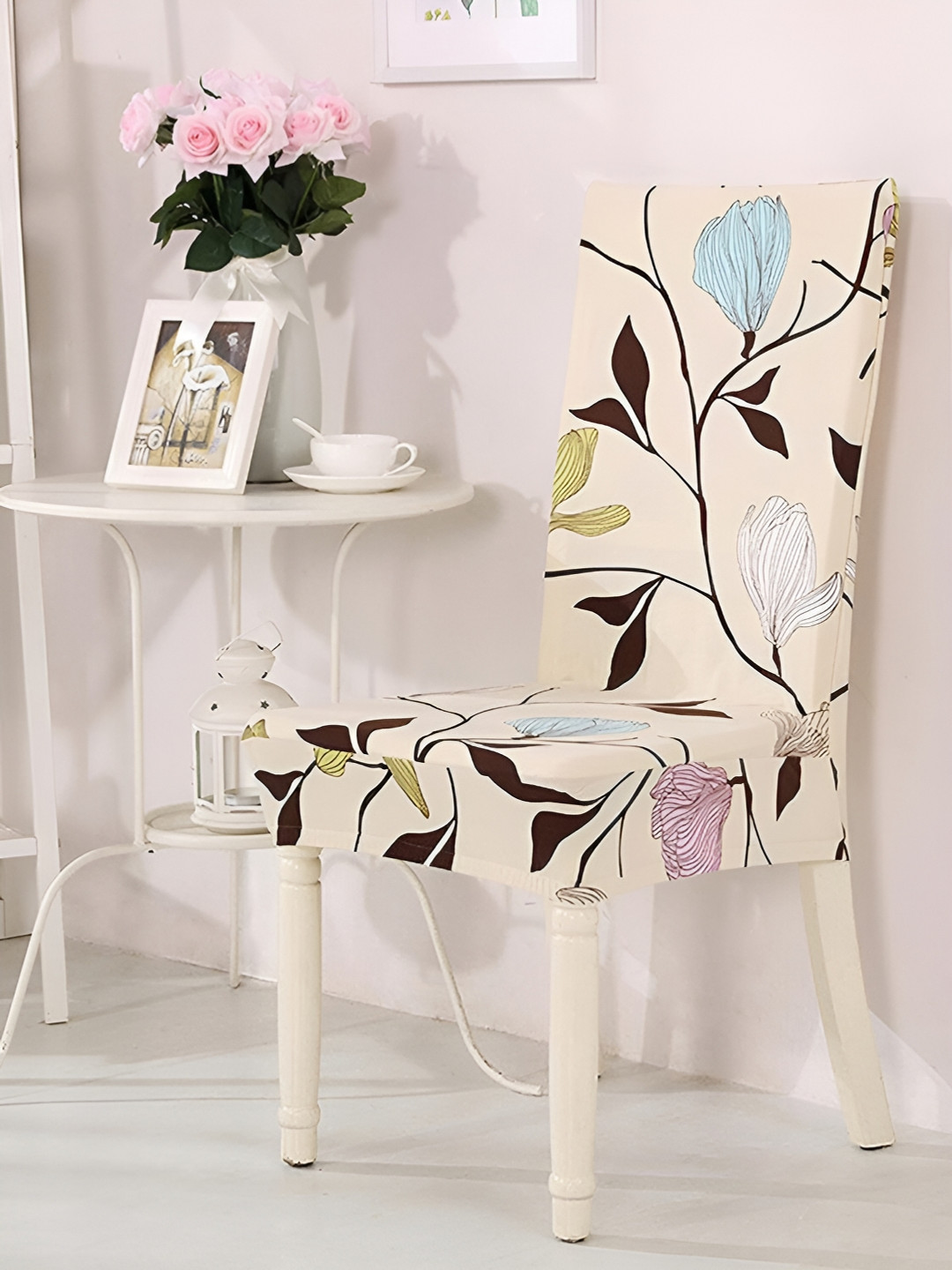 HOUSE OF QUIRK Cream Colored & Brown Printed Stretchable Chair Cover