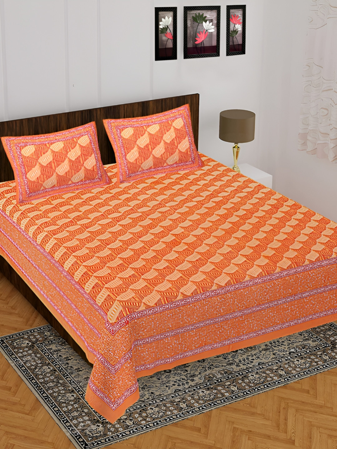 UNIBLISS Rajasthani Jaipuri Traditional Orange Abstract Cotton 144 TC Queen Bedsheet with 2 Pillow Covers-85 x 93 inches