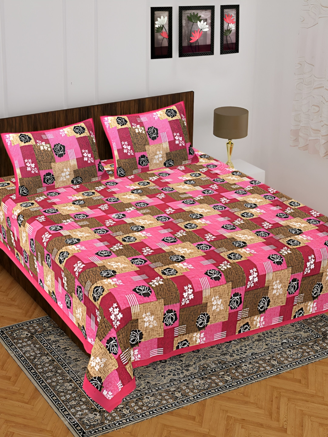UNIBLISS Pink Floral Cotton 144 TC Queen Bedsheet with 2 Pillow Covers-85 x 93 inches