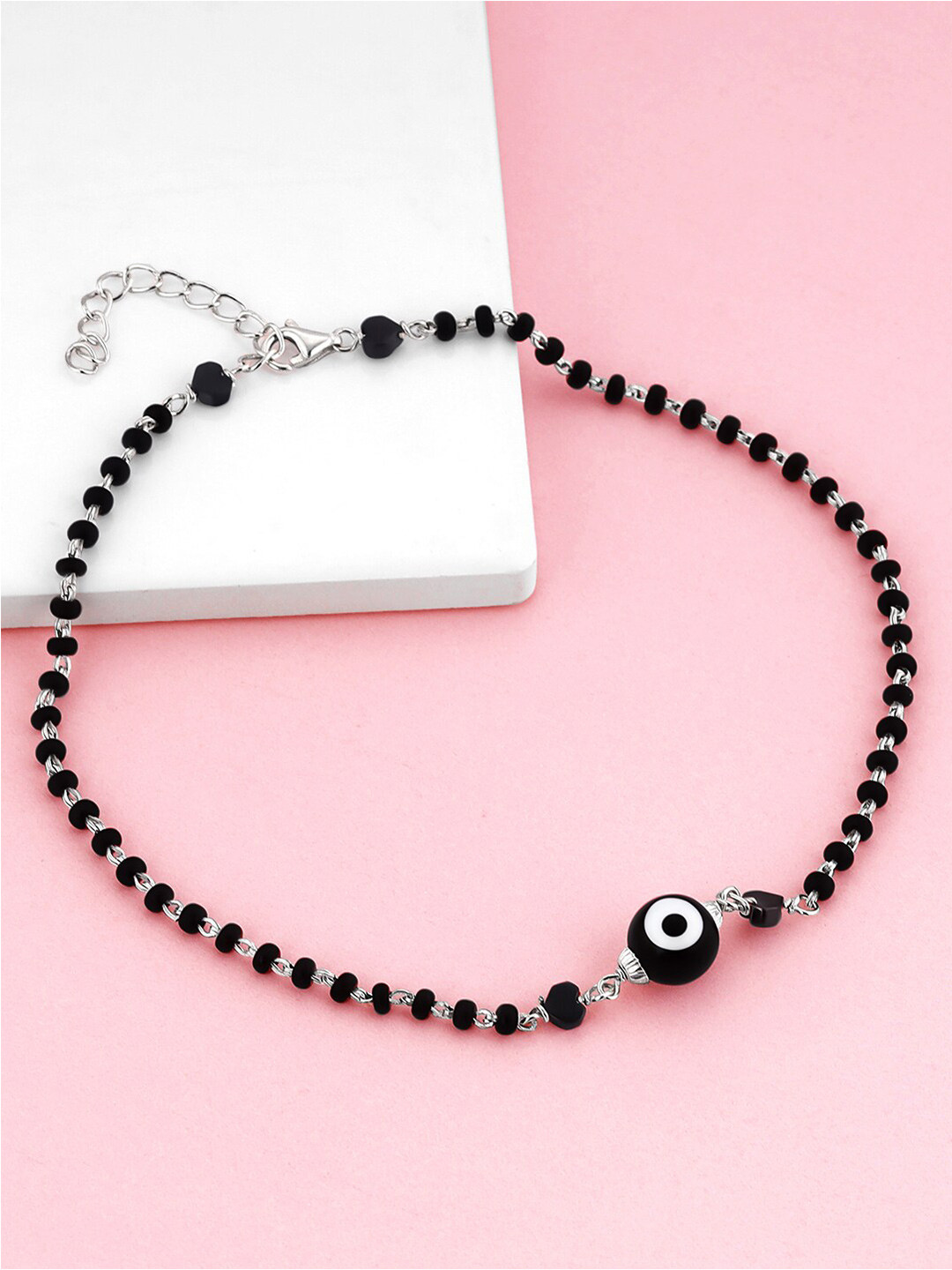 GIVA 925 Sterling Silver Rhodium-Plated Beaded Evil Eye Anklets