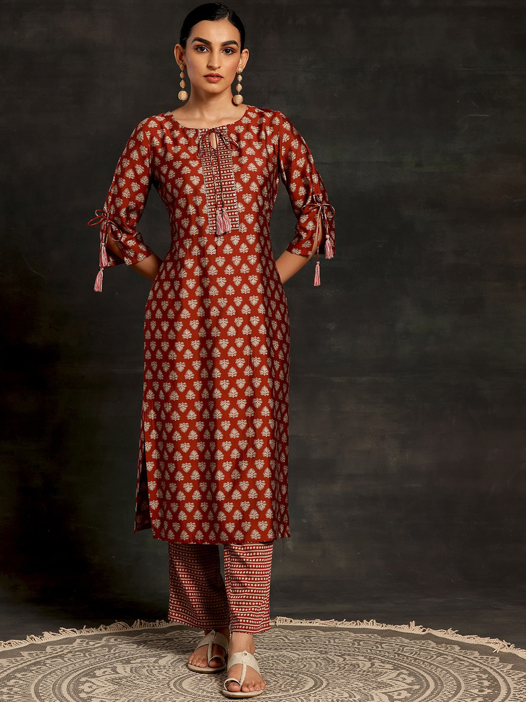 Gerua By Libas Floral Printed Tie-Up Neck Three-Quarter Sleeves Sequinned Kurta with Trousers