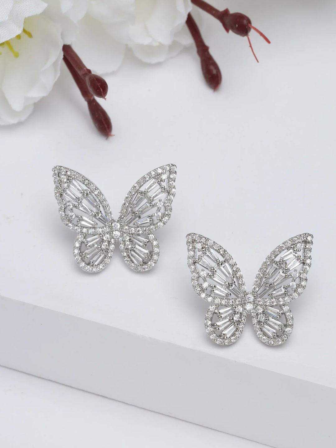 DressBerry Silver Toned American Diamond Silver Plated Studs Earrings
