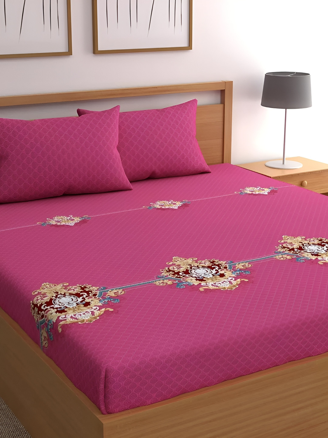UrbanArts Luxury Magenta Floral Cotton 400 TC King Superfine Bedsheet with 2 Pillow Covers-105 x 105 inches