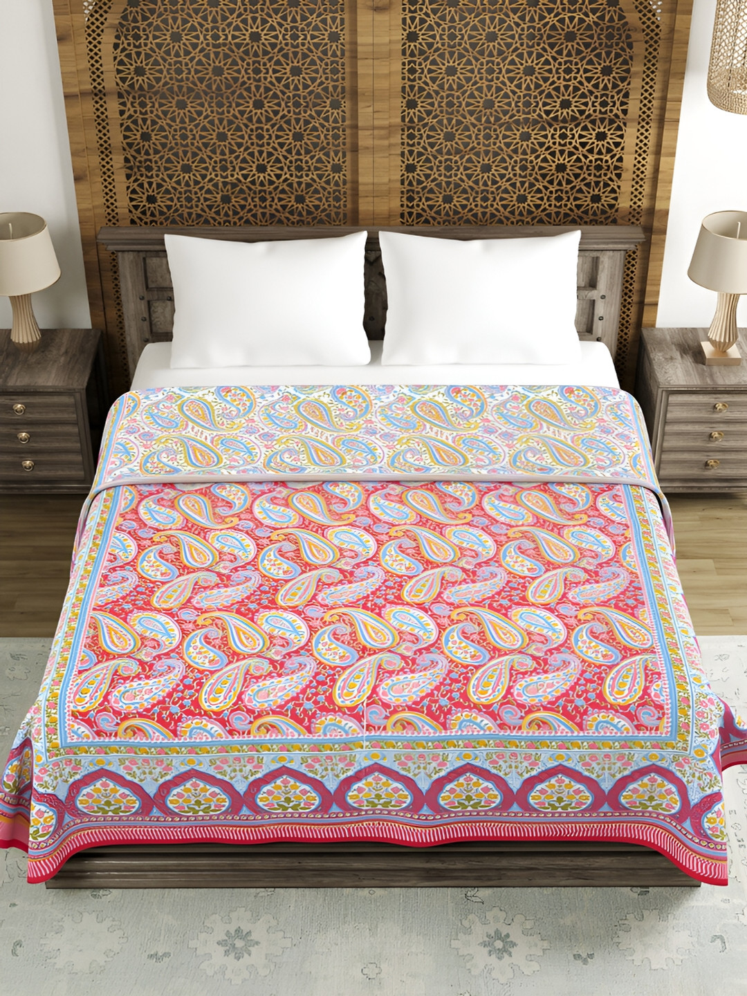 Sangria Red & White Printed Cotton Blankets Quilts and Dohars