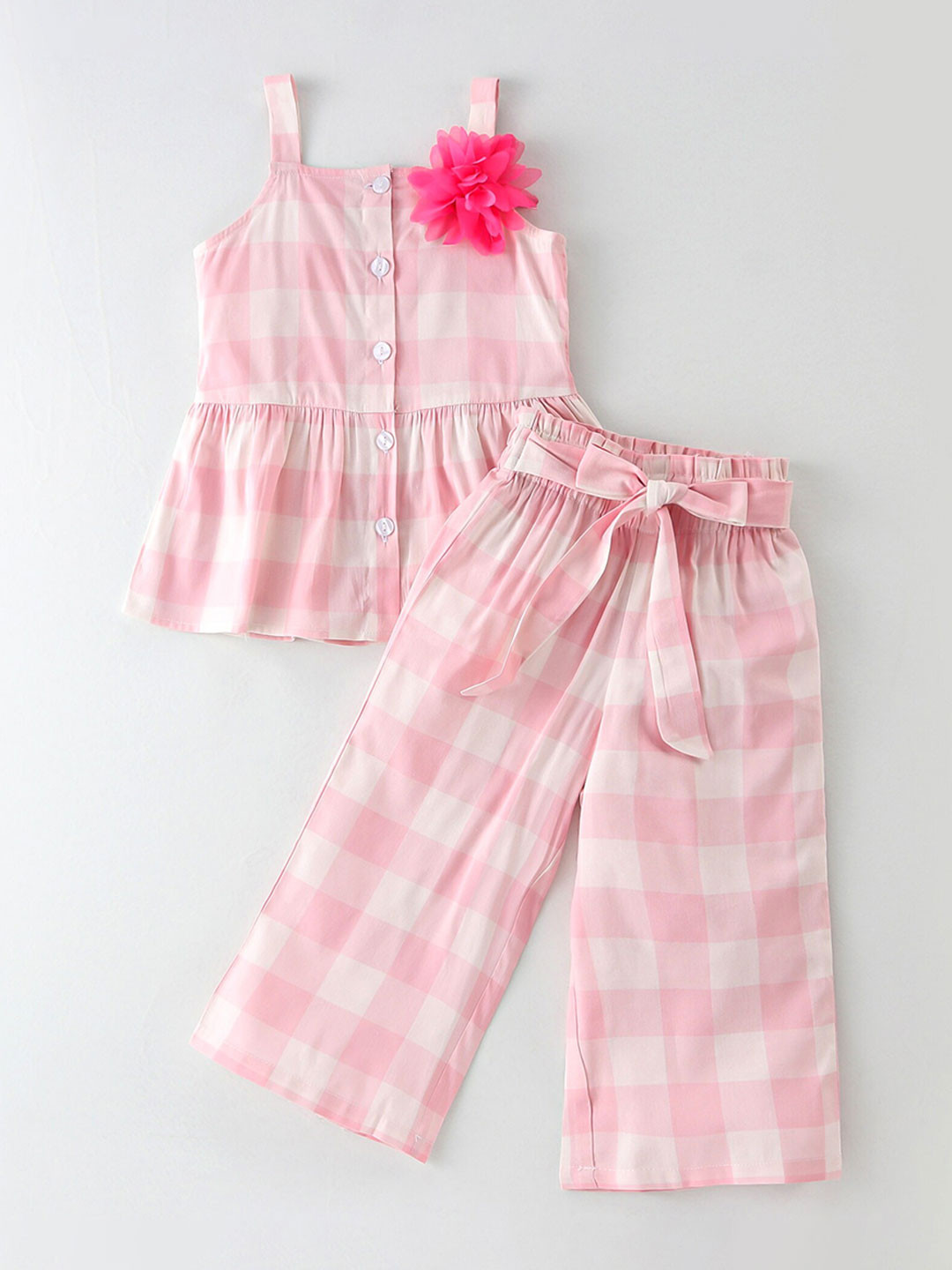 CrayonFlakes Girls Checked Square Neck Sleeveless Top with Palazzos