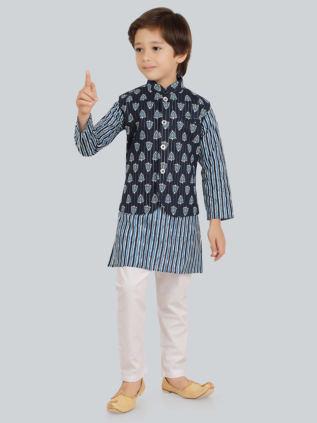 Ethniks Neu-Ron Boys Cotton Striped Long Sleeve Kurta with Jacket and Pyjama Set