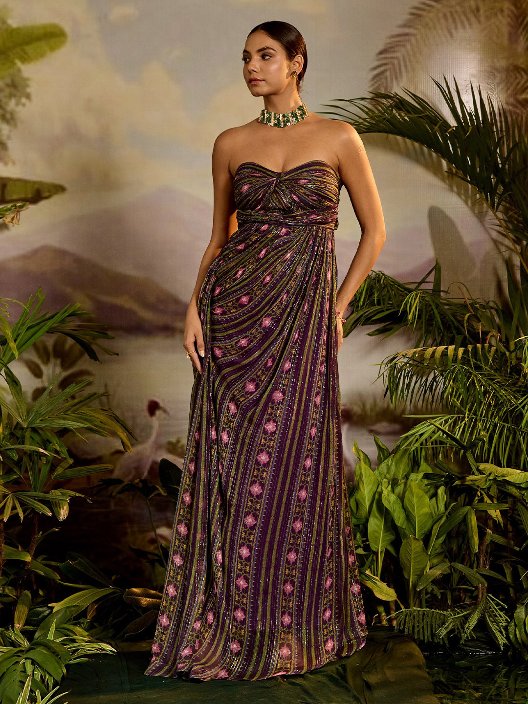 Baise Gaba Floral Printed Strapless Chiffon Maxi Dress