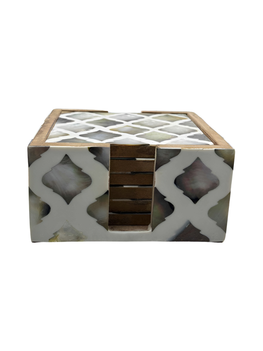 INDIA MEETS INDIA 6 Pieces White & Grey Ethnic Motif-Patterned Wooden Coasters With Stand