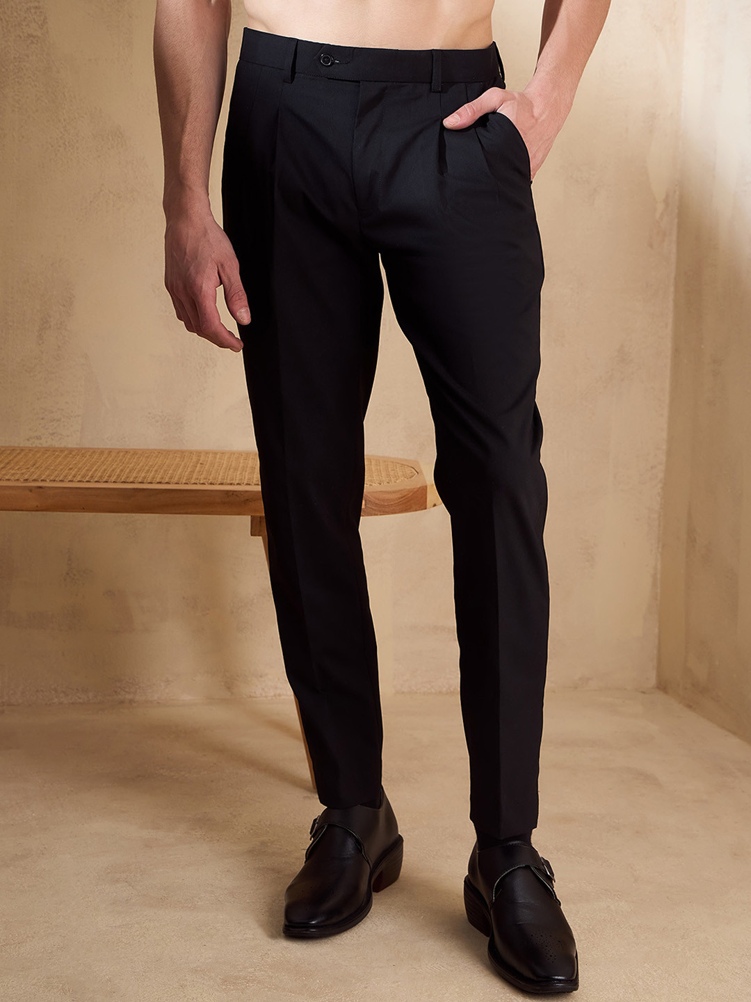 DENNISON Men Double Pleated Formal Tapered Fit Trousers