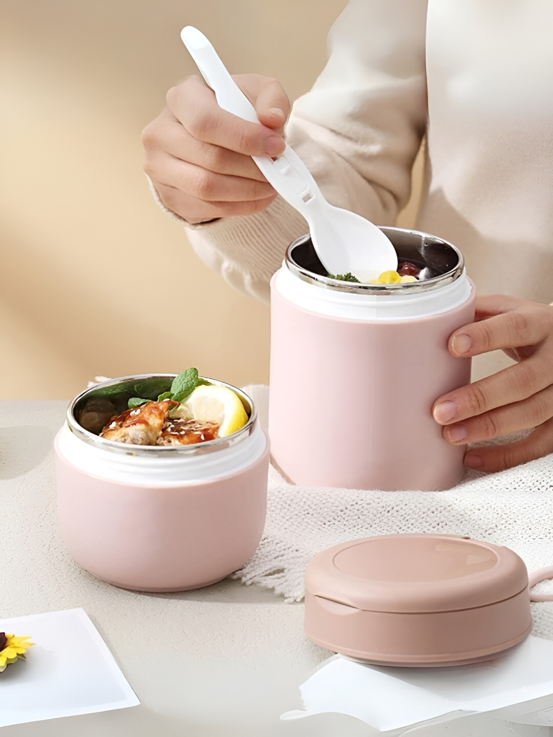 UniKart Pink Solid Plastic Leak Resistant 2PCs Lunch Box With Spoon and Fork