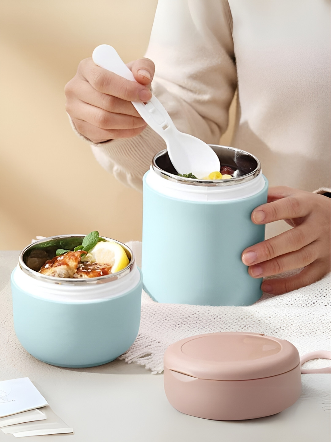 UniKart Blue Solid Plastic Dishwasher Safe 2PCs Lunch Box With Spoon and Fork