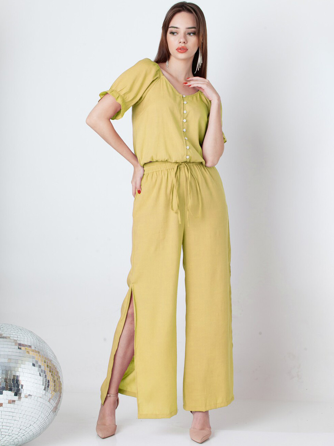 Zink London Sweetheart Neck Puffed Sleeves Crop Top With Wide Leg Palazzos