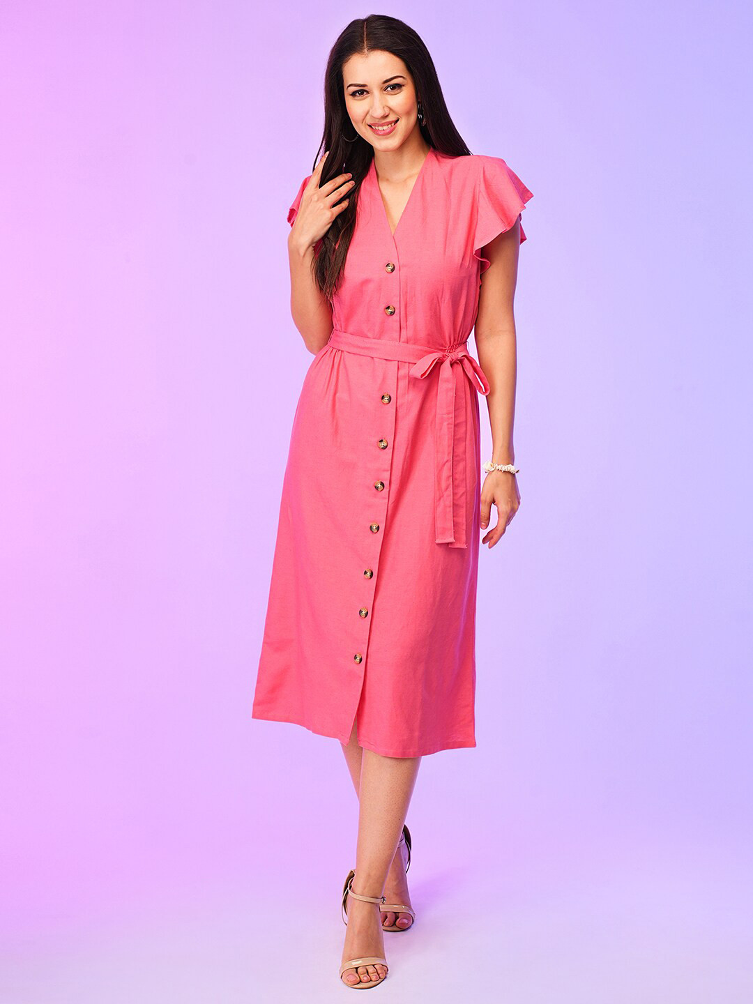 Globus Coral V-Neck Flutter Sleeve Tie-Up Midi A-Line Dress