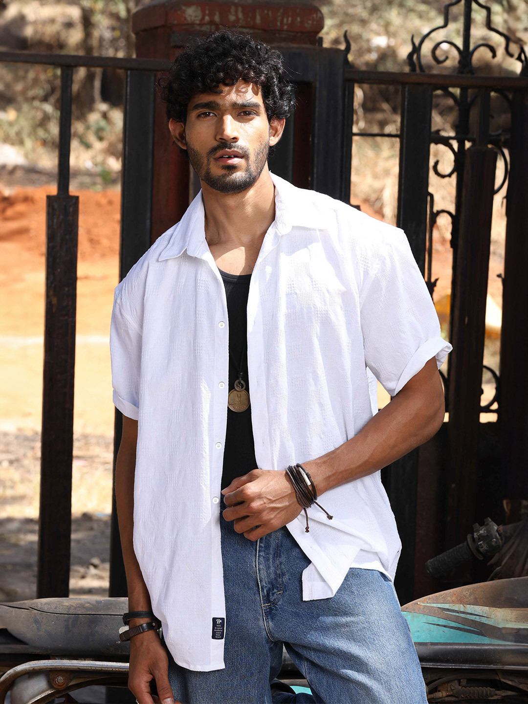 The Roadster Lifestyle Co. White Textured Oversized Pure Cotton Shirt