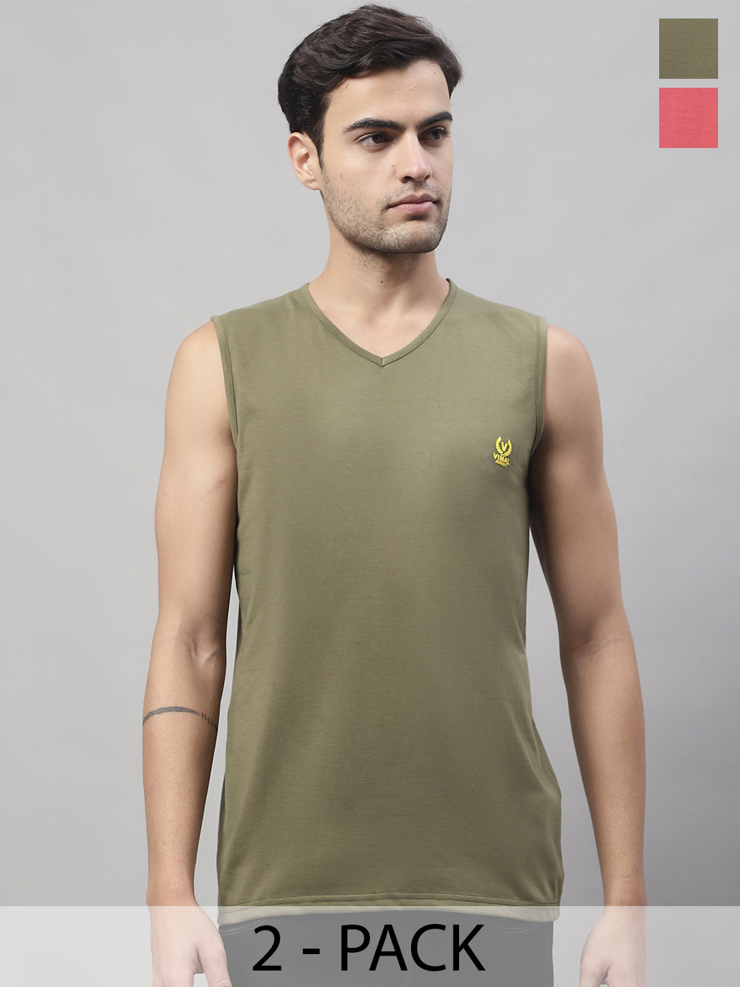 MACK JONNEY Pack Of 2 Pure Cotton Gym Vests V_SL_PNK_OLV._02