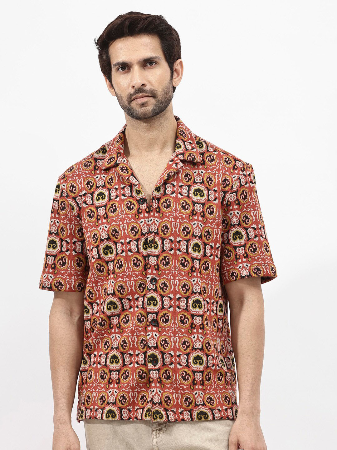 RARE RABBIT Men Lueno Ethnic Motifs Printed Spread Collar Curved Boxy Shirt