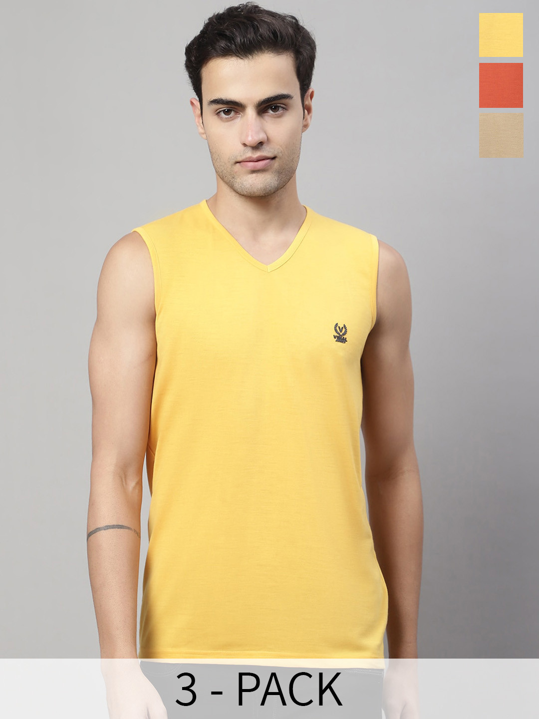 MACK JONNEY Pack Of 3 Pure Cotton Gym Vests V_SL_YLW_RST_MUD._03