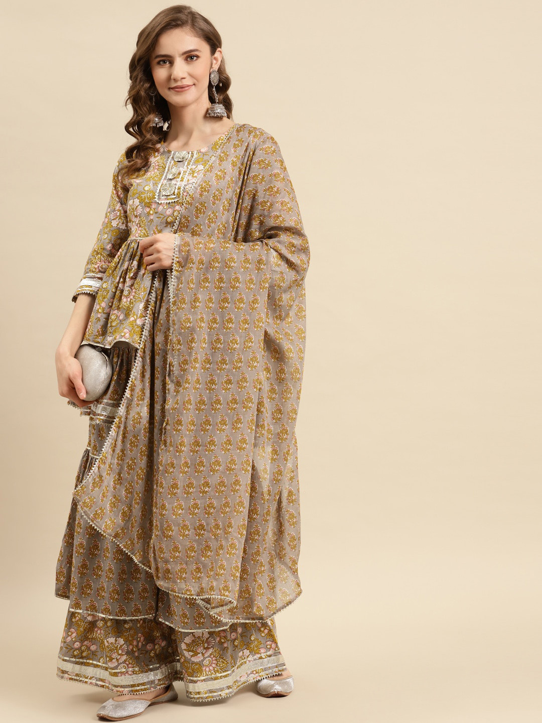 ASHRU Floral Printed Round Neck Pure Cotton Straight Kurta with Sharara & Dupatta