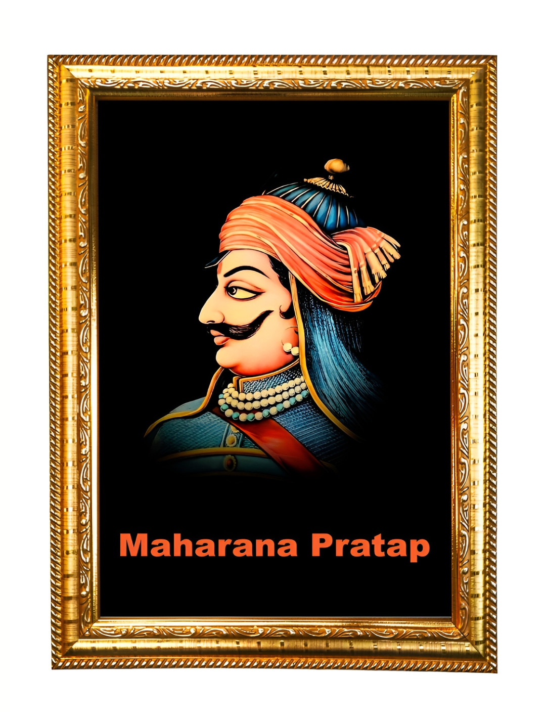 Hawai Gold-Toned & Blue Wooden Maharana Pratap Digital Print Wall Photo Frame