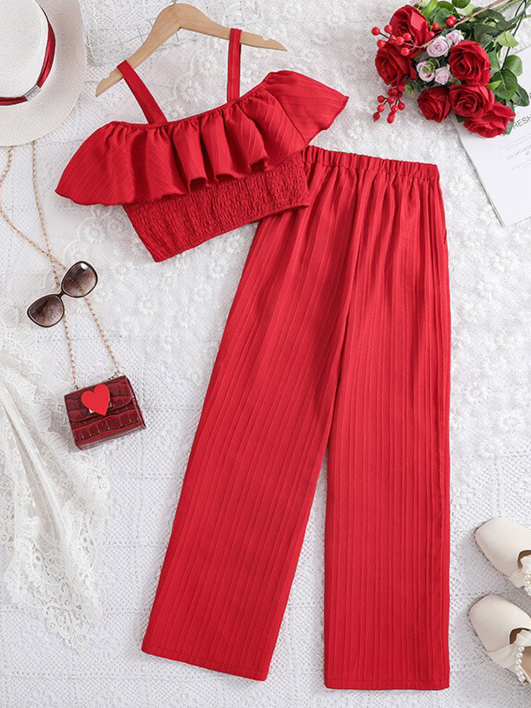 StyleCast x Revolte Girls Red Shoulder Straps Top with Palazzos