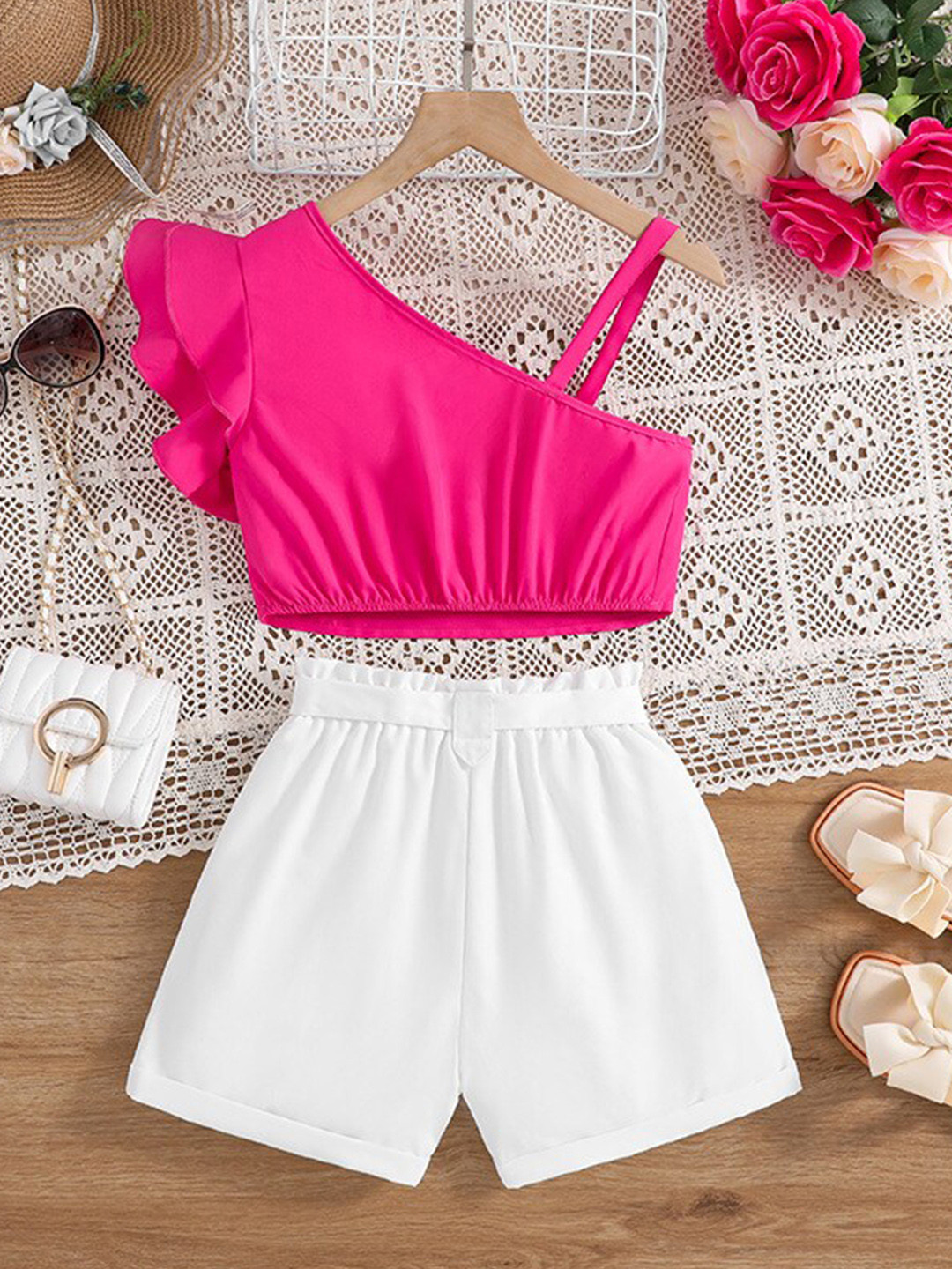 StyleCast x Revolte Girls Pink & White Top with Shorts