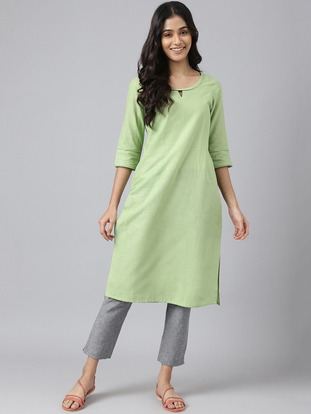 AURELIA Striped Keyhole Neck Flared Sleeves Cotton Thread Work Kurta