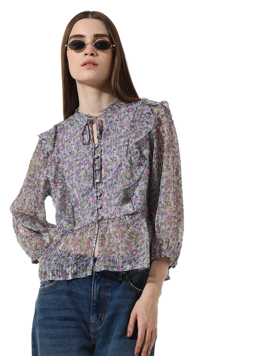 ONLY Floral Print Tie-Up Neck Three-Quarter Puff Sleeves Peplum Top