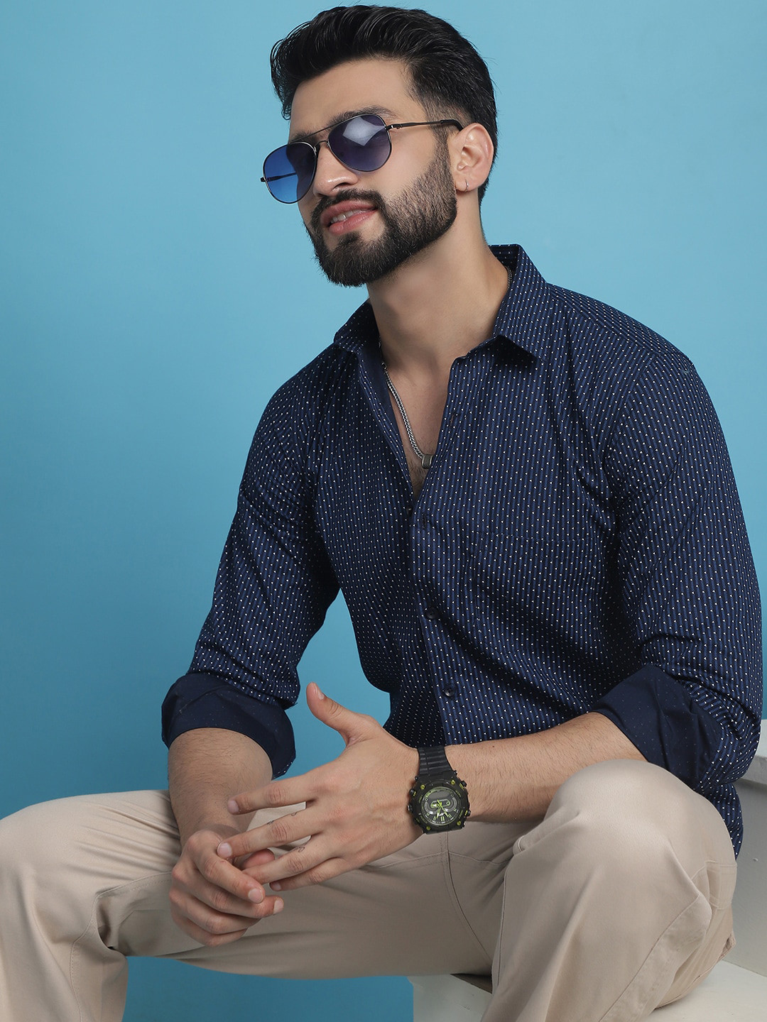 Indian Needle Classic Long Sleeves Spread Collar Cotton Opaque Checked Casual Shirt