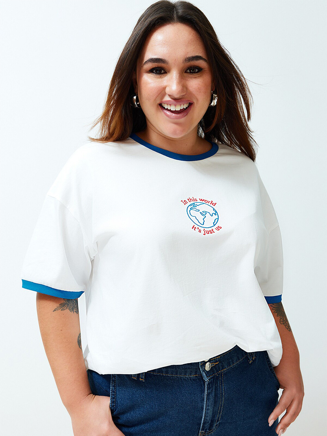 Trendyol Unisex Plus Size Printed Typography Round Neck Pure Cotton T-shirt