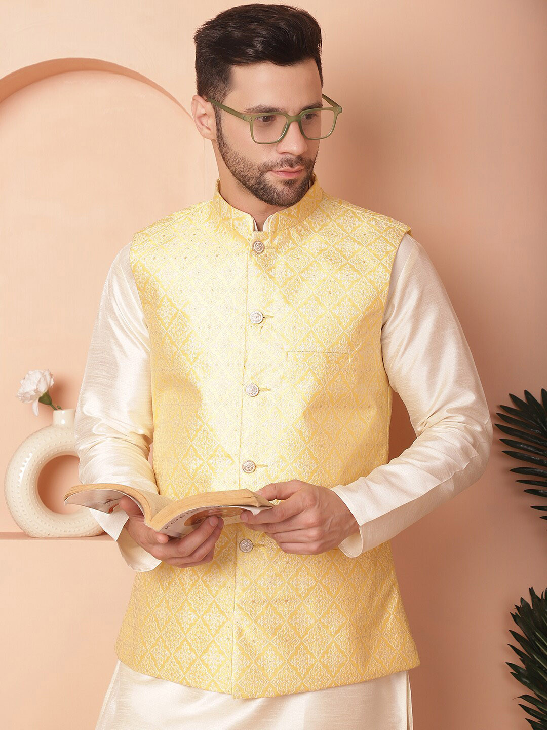 Anouk Yellow Woven Design Mandarin Collar Nehru Jacket