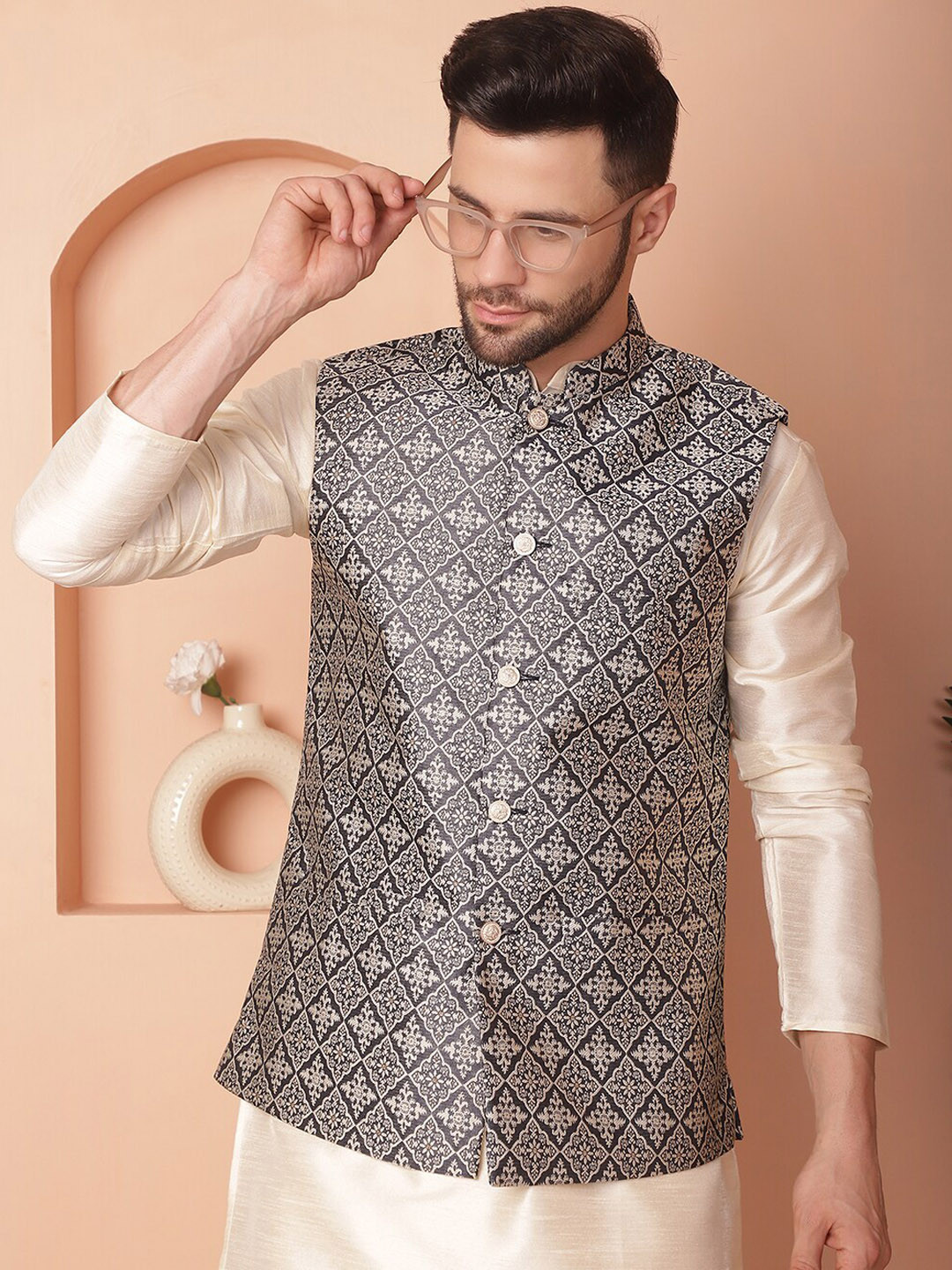 Anouk Navy Blue Woven Design Mandarin Collar Silk & Cotton Nehru Jacket