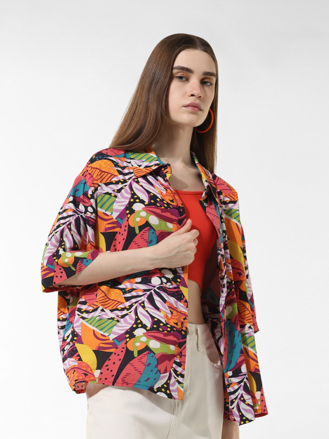 ONLY Floral Printed Spread Collar Short Drop-Shoulder Sleeves Modal Oversized Casual Shirt