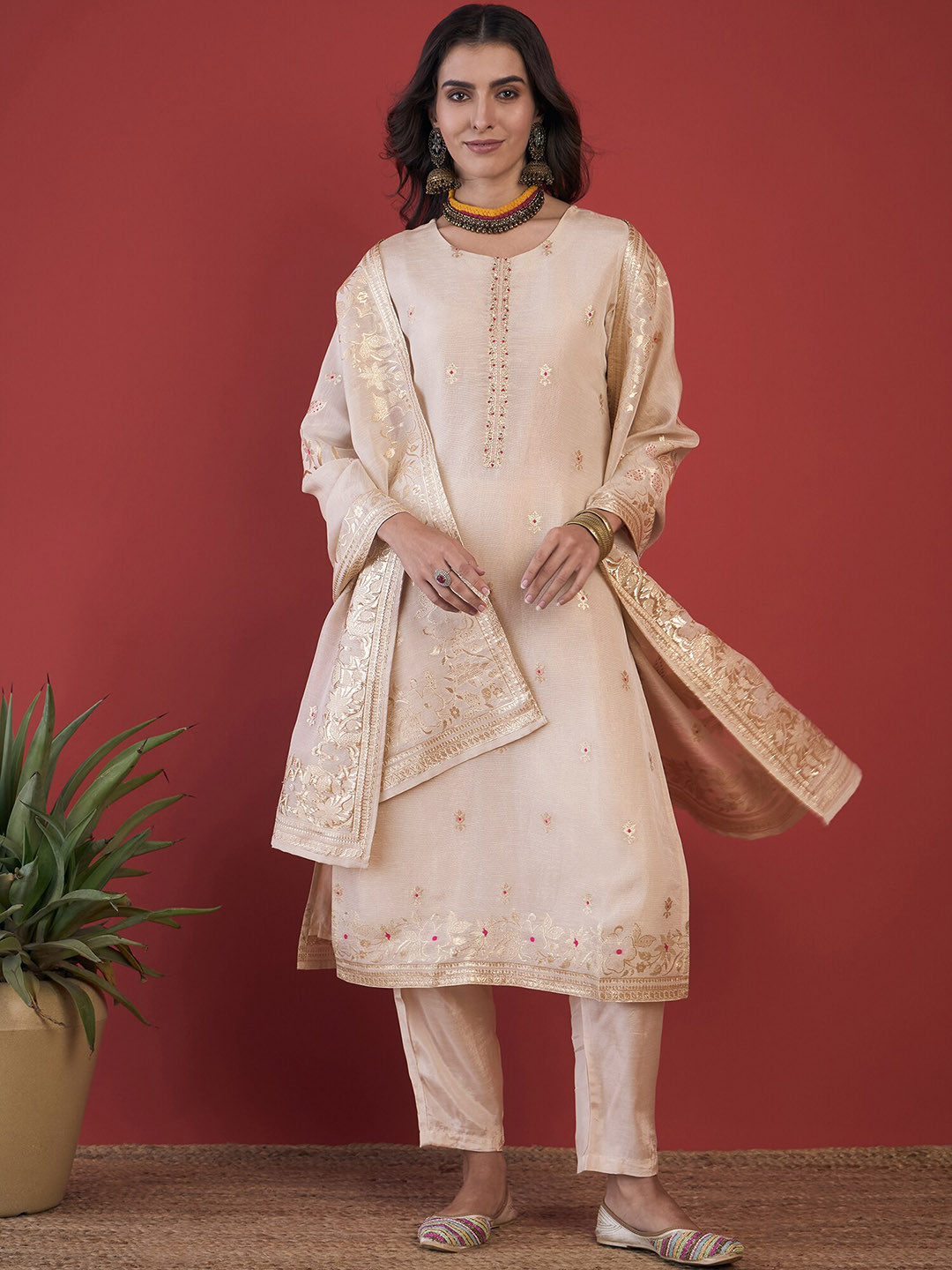 Anouk Cream Floral Embroidered Round Neck Linen Straight Kurta with Palazzos & Dupatta