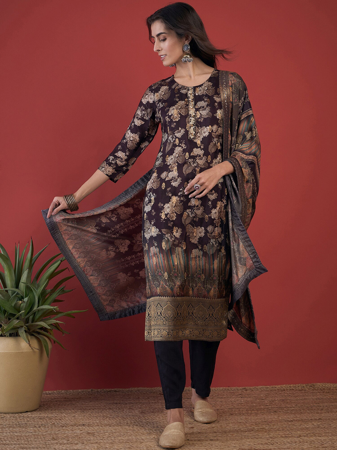 Anouk Brown Ethnic Motifs Embroidered Round Neck Pure Silk Kurta with Palazzos & Dupatta