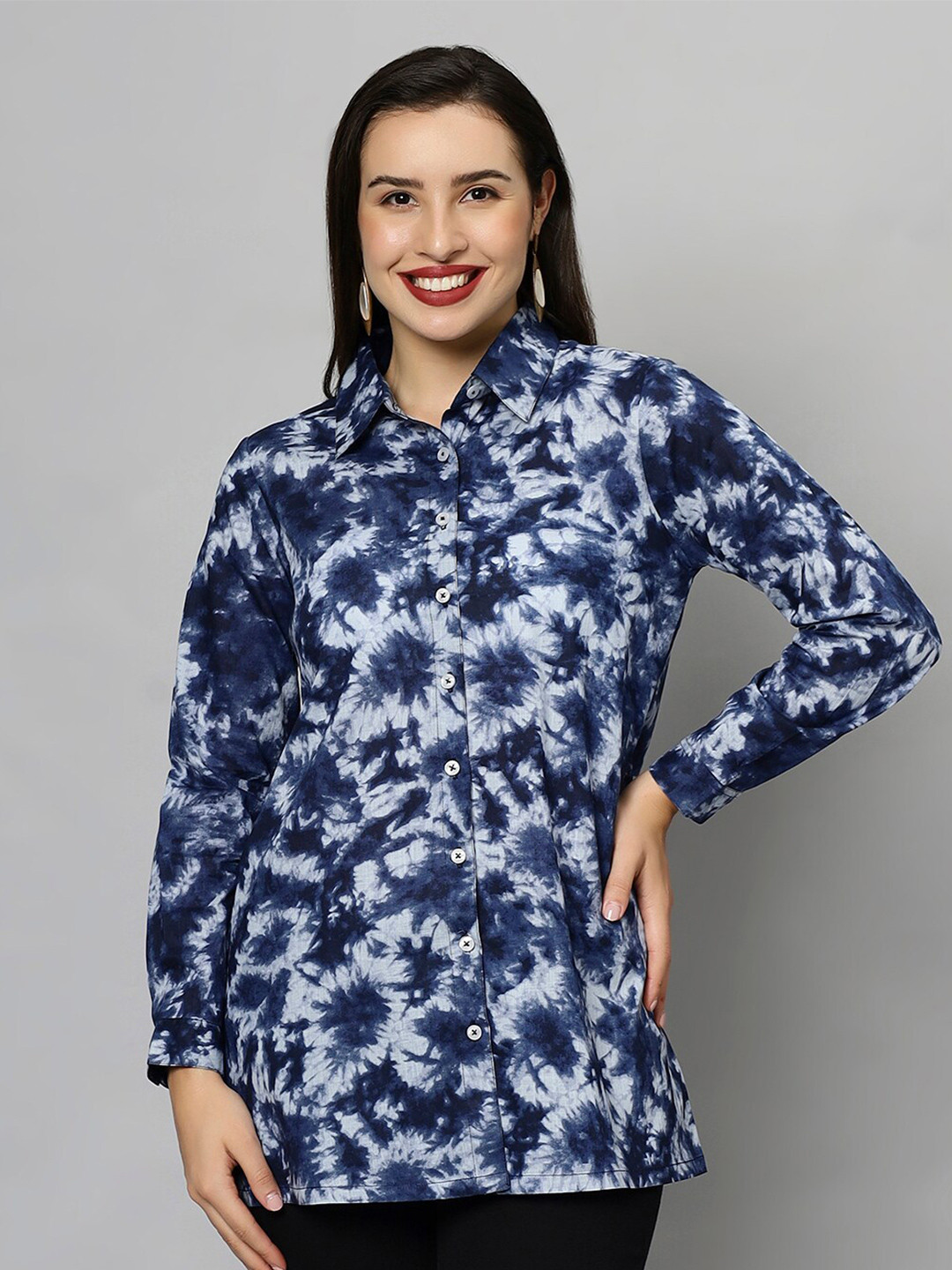 DressBerry Blue Original Floral Printed Spread Collar Casual Shirt