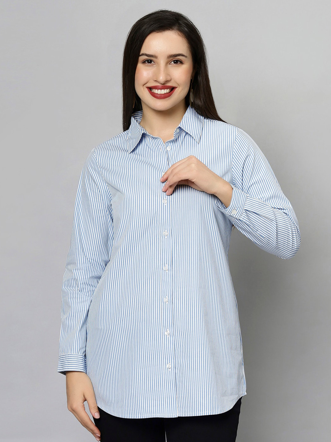 DressBerry Blue Original Vertical Striped Pure Cotton Longline Casual Shirt