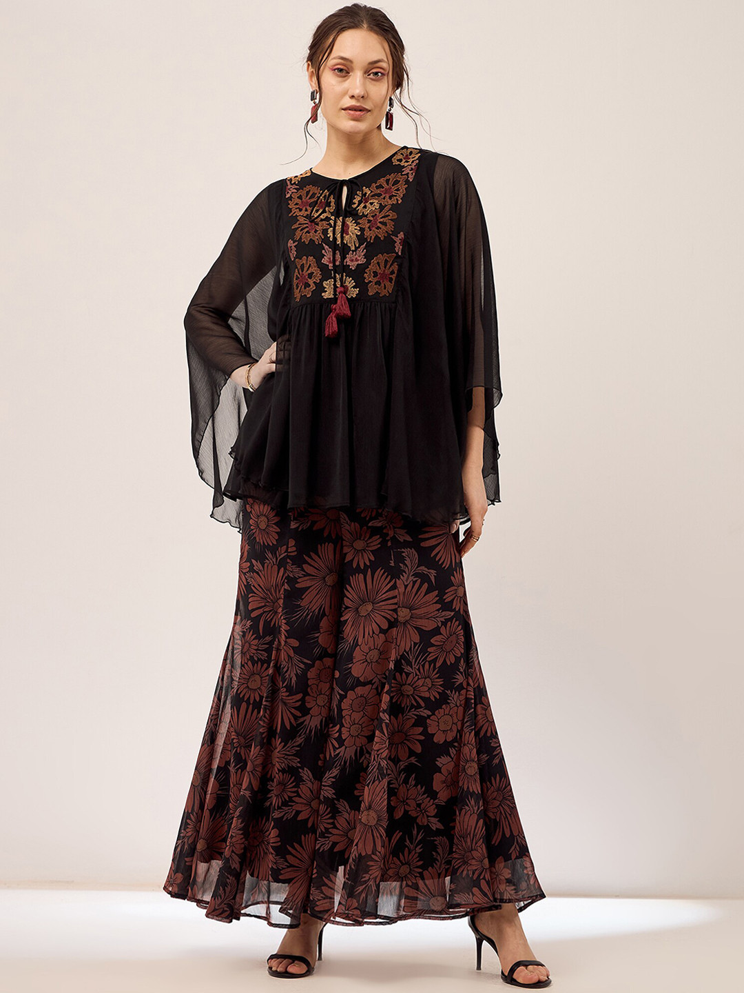 Antheaa Black Embroidered Top With Palazzo