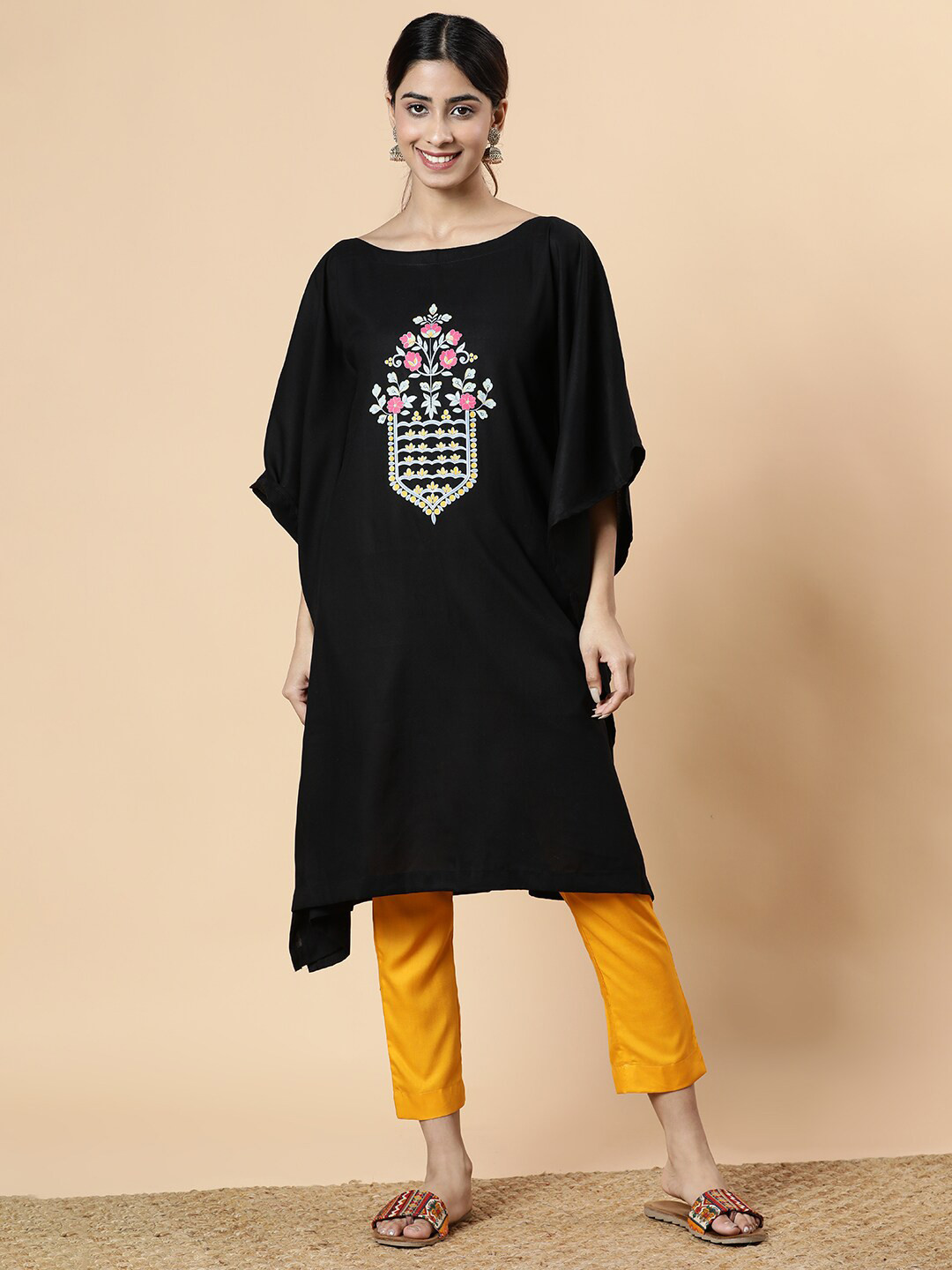 LetsDressUp Floral Embroidered Boat Neck Kimono Sleeve Kaftan Kurta