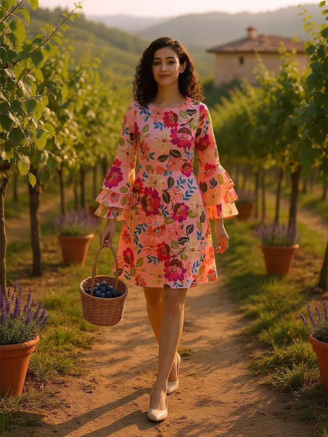 Hive91 Floral Printed Bell Sleeves Fit & Flare Dress