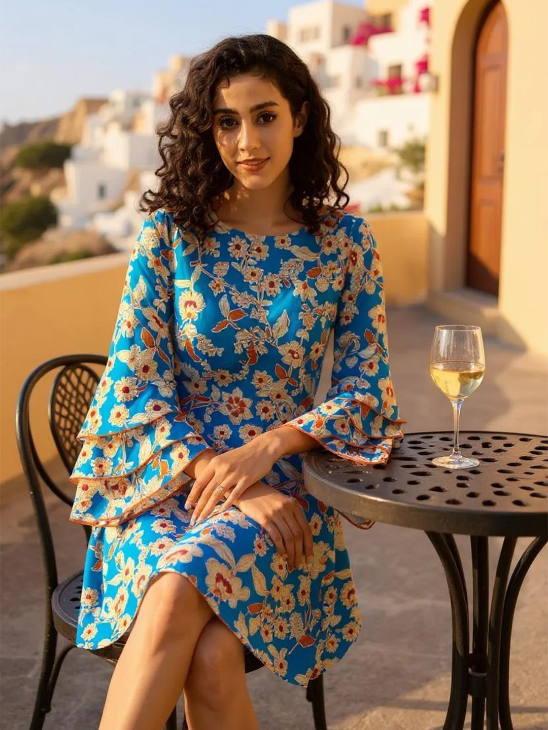 Hive91 Floral Printed Bell Sleeves Georgette Fit & Flare Dress