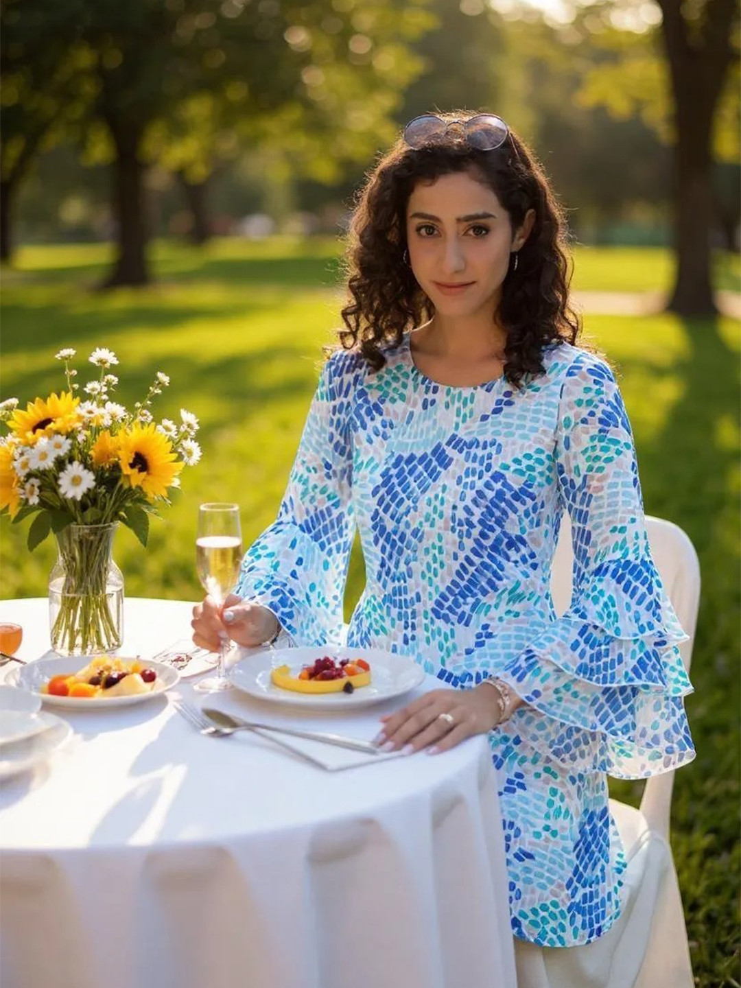 Hive91 Floral Printed Bell Sleeves Georgette A-Line Dress