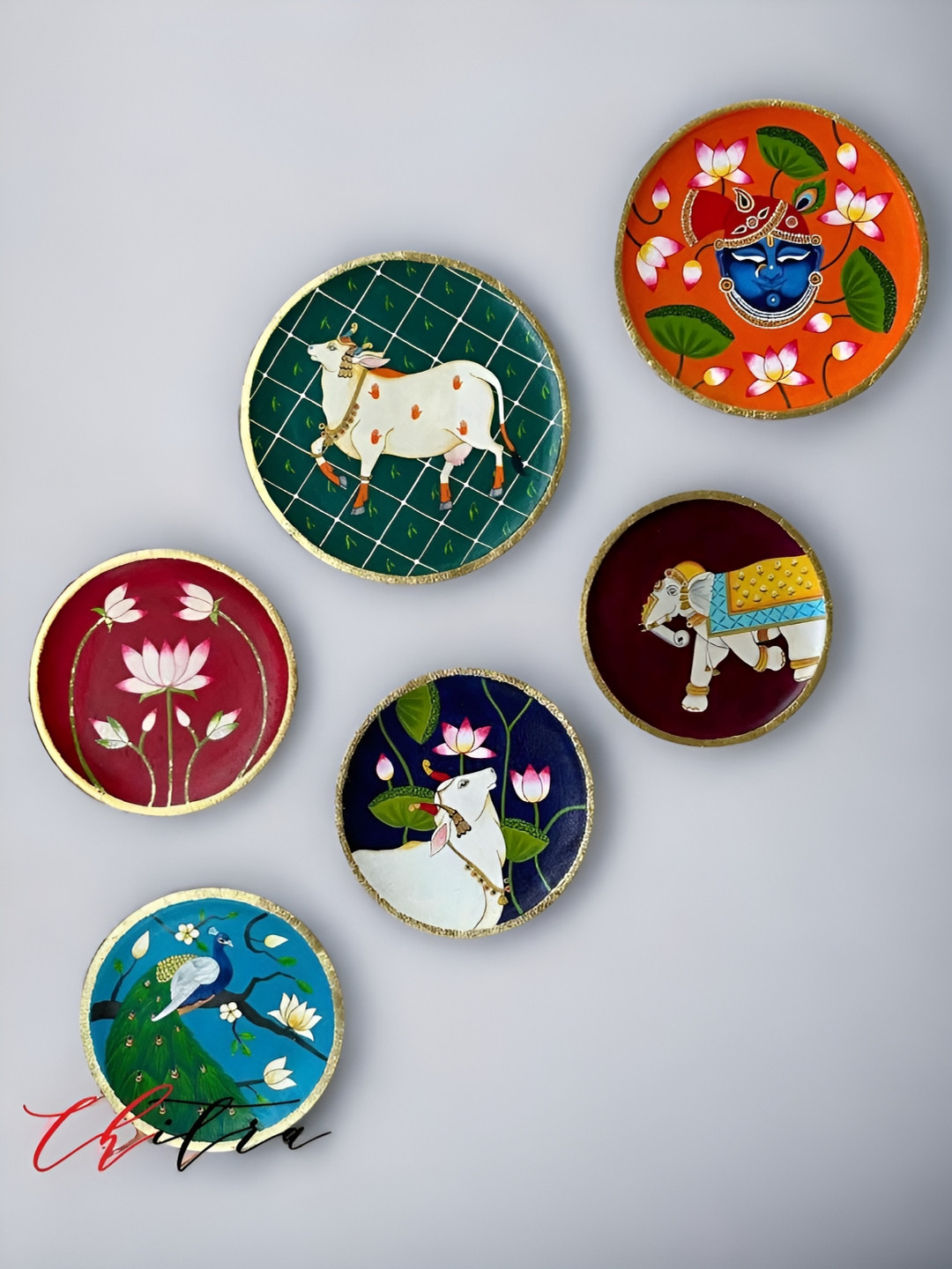 Chitra Artworks Pichhwai Wood Floral Glossy Hanging Hall 6Pcs Wall Plates-36In